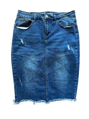 Raw Hem Midi Denim Skirt High Rise Blue Jean Skirt Size 9/10 Inherit Zoey